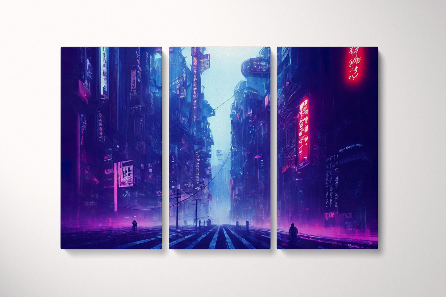 Cyberpunk City Japan Lights Canvas Wall Art Home Decor Leather Print Triptych
