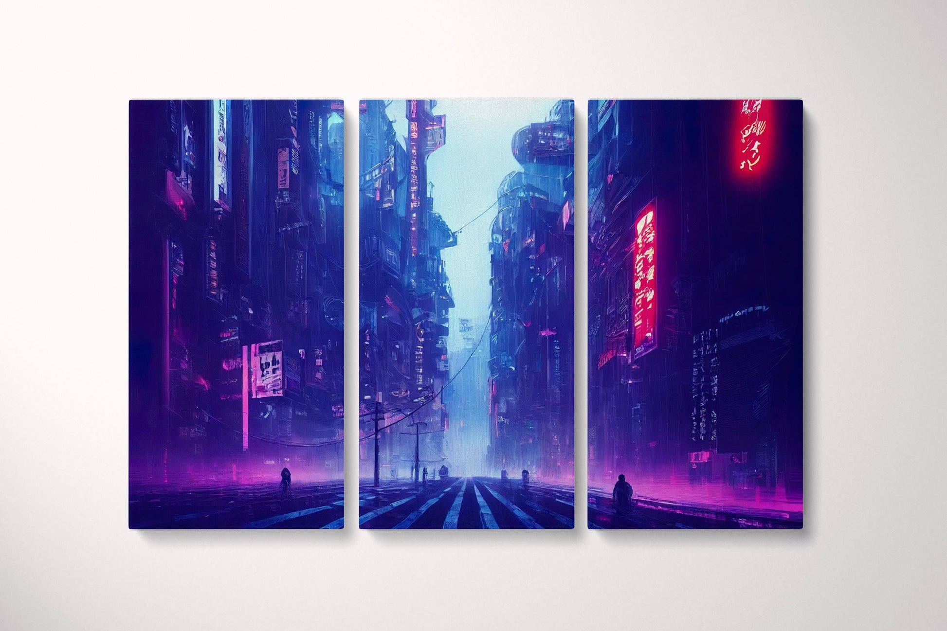 Cyberpunk City Japan Lights Canvas Wall Art Home Decor Leather Print Triptych
