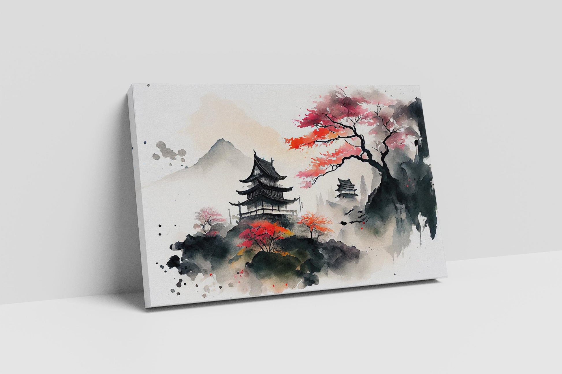 Japan Mountain Landscape Pagoda Sakura Artwork Eco Leather Print Canvas Print Ready to Hang Wall