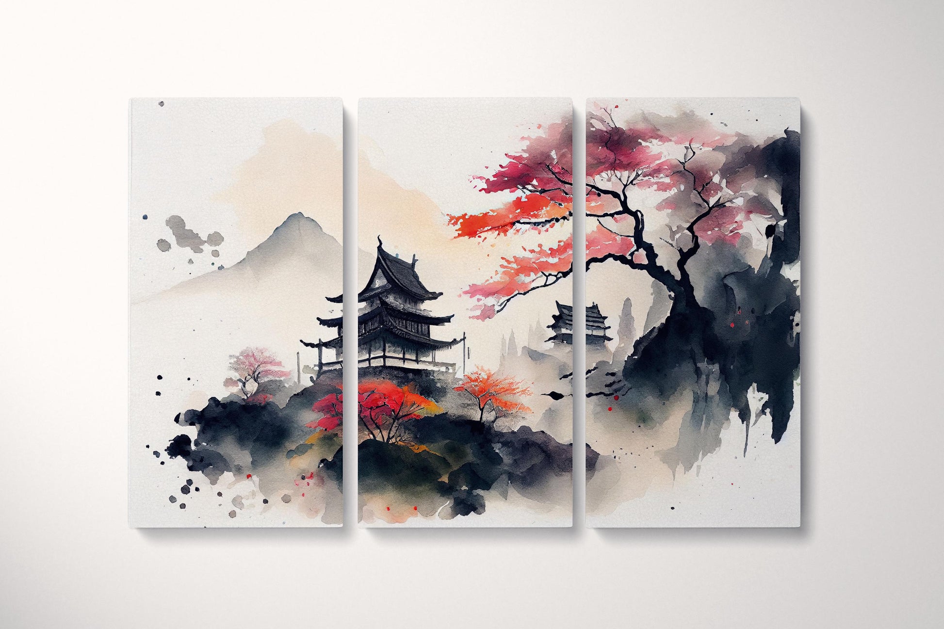 Japan Mountain Landscape Pagoda Sakura Artwork Eco Leather Print Canvas Print Ready to Hang Triptych