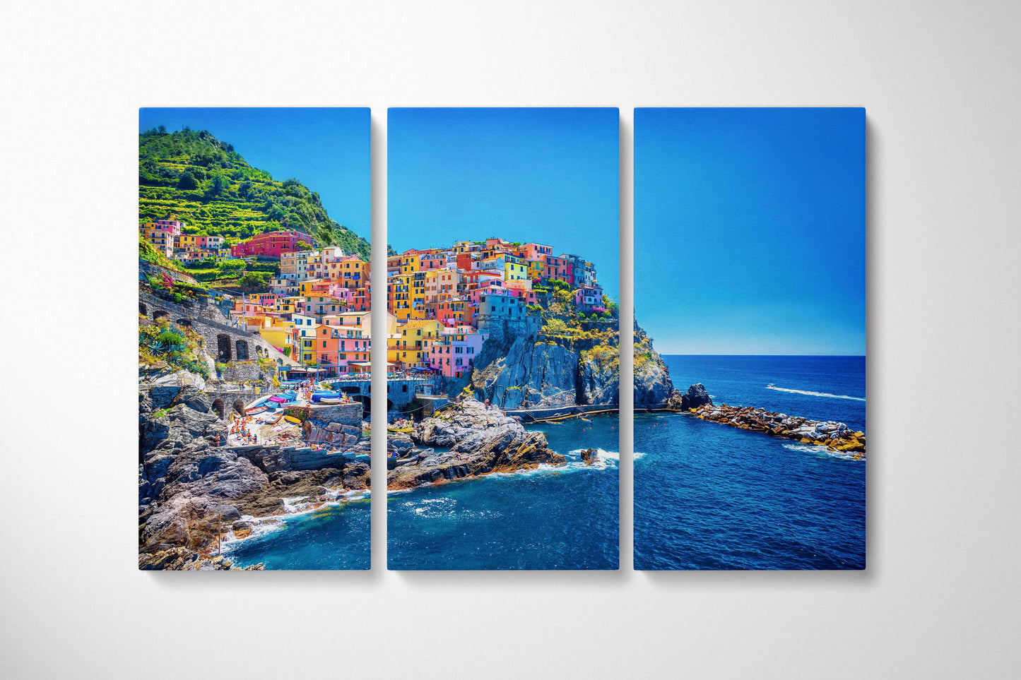 Manarola Cinque Terre Liguria Italy Canvas Wall Art Eco Leather Print Triptych