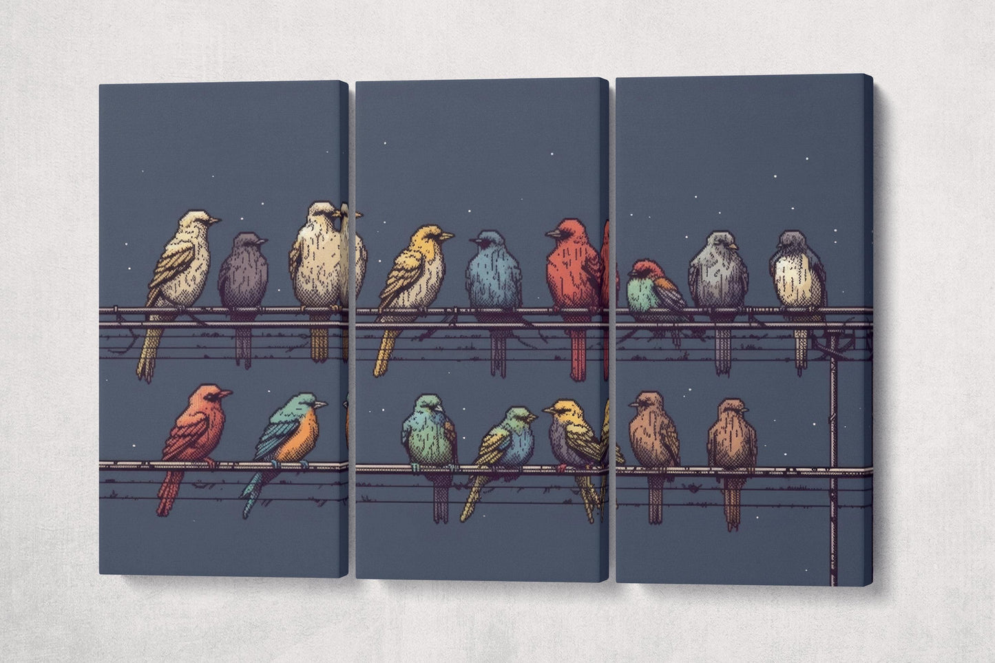 Symphony of Colors Birds on Wire Under a Starry Sky Retro Illustrative Wall Art 3 Panels