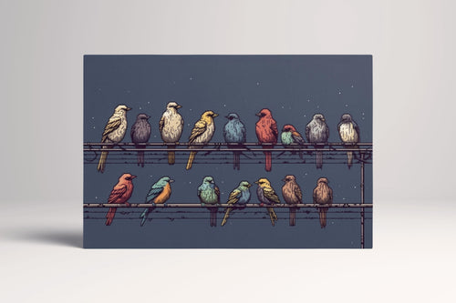 Symphony of Colors Birds on Wire Under a Starry Sky Retro Illustrative Wall Art