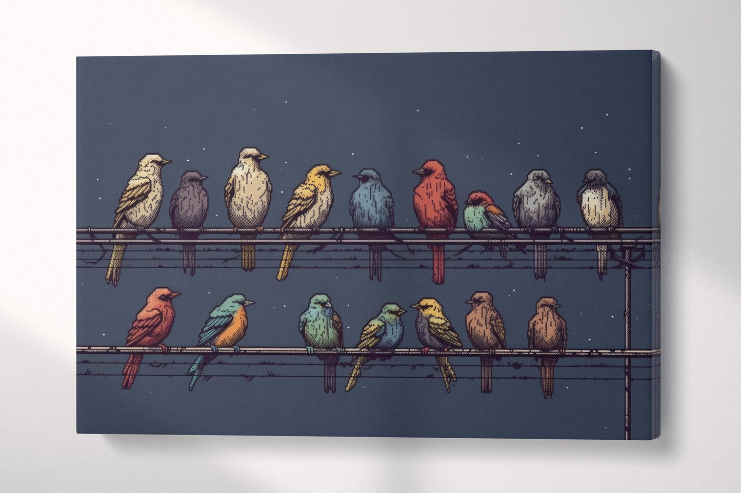 Symphony of Colors Birds on Wire Under a Starry Sky Retro Illustrative Wall Art Single Panel