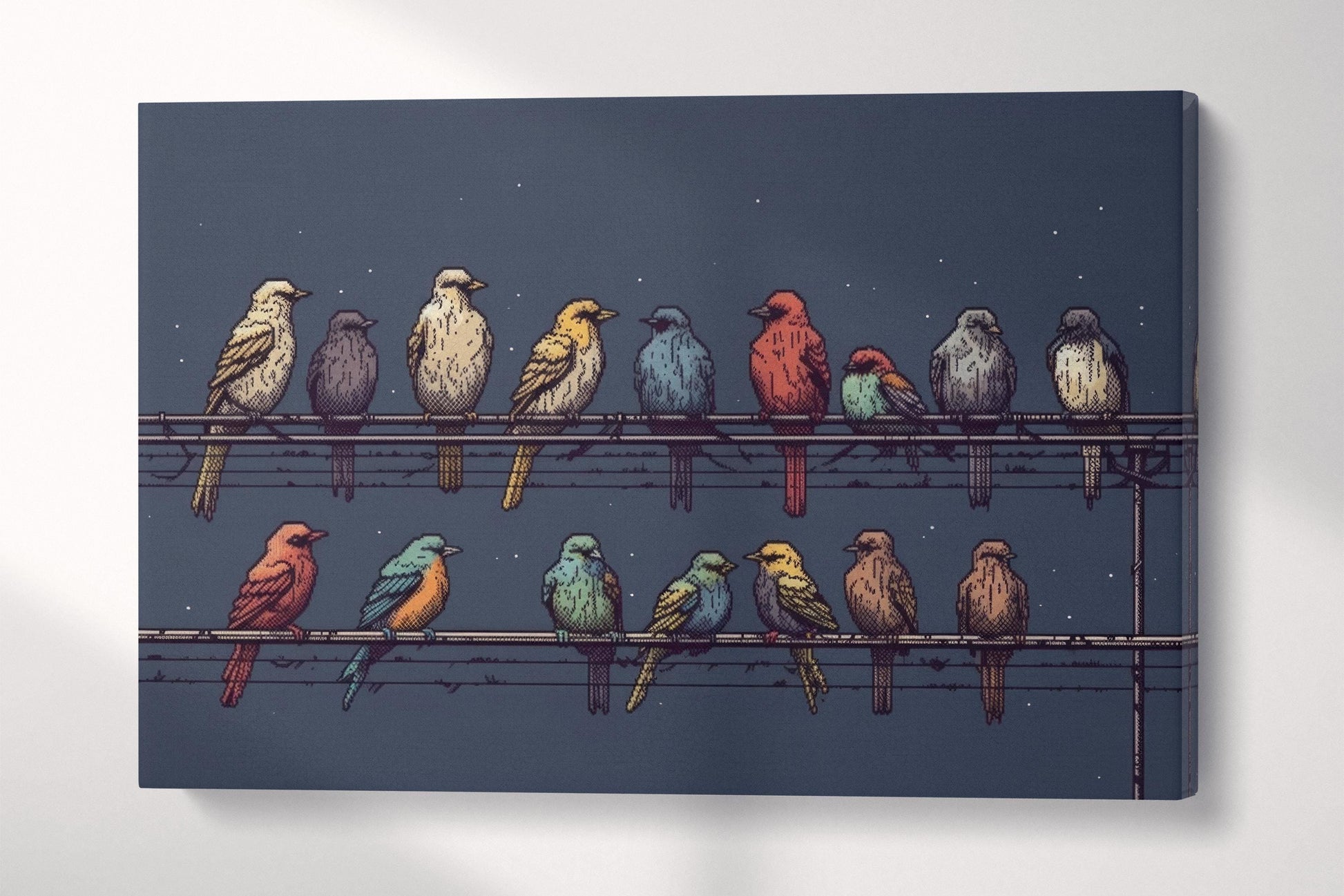 Symphony of Colors Birds on Wire Under a Starry Sky Retro Illustrative Wall Art Single Panel