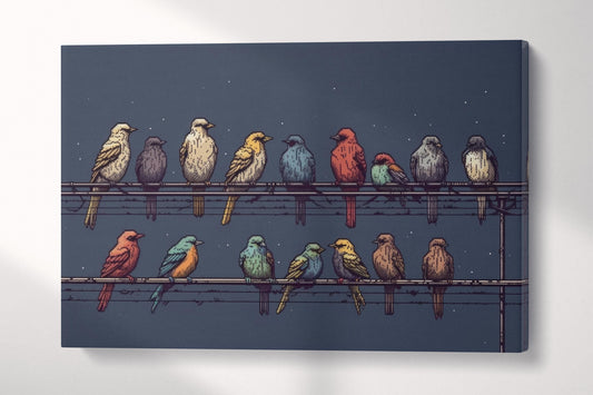 Symphony of Colors Birds on Wire Under a Starry Sky Retro Illustrative Wall Art Single Panel