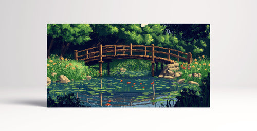 Pixel Impressionism: Monet-Inspired Bridge Over a Lily Pond Wall Art Canvas Print