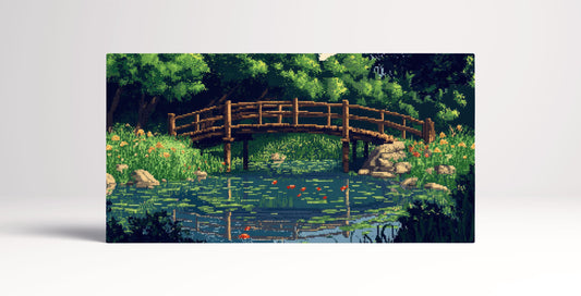 Pixel Impressionism: Monet-Inspired Bridge Over a Lily Pond Wall Art Canvas Print