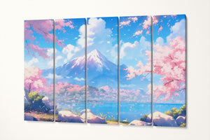 Blossom Serenity: Sakura and Mountain Bliss - Japan Style Canvas Wall Art 5 Panels