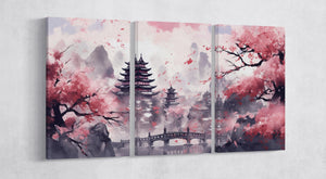 Pink Cherry Blossom Dreamscape Japanese Landscape Wall Art Home Decor Framed Canvas Print 3 Panels