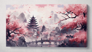 Pink Cherry Blossom Dreamscape Japanese Landscape Wall Art Home Decor Framed Canvas Print Single Panel