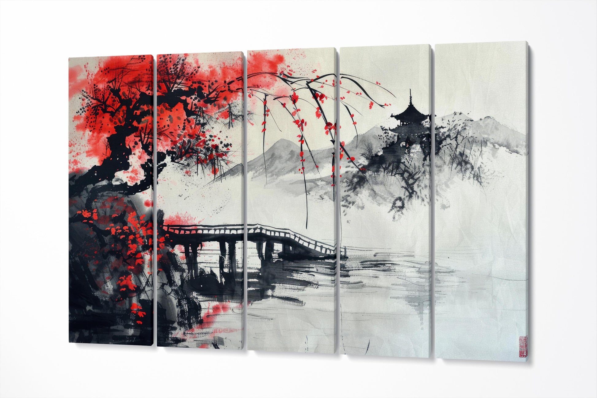Japanese Ink Art Bridge Red Tree Canvas Wall Art Eco Leather Print 5 Panels