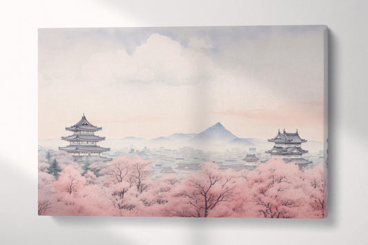 Cherry Blossom Dreamscape Delicate Pink Hues and Majestic Temples Canvas Japanese Wall Art Eco Leather Print Single Panel