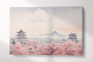 Cherry Blossom Dreamscape Delicate Pink Hues and Majestic Temples Canvas Japanese Wall Art Eco Leather Print Single Panel