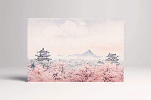 Cherry Blossom Dreamscape Delicate Pink Hues and Majestic Temples Canvas Japanese Wall Art Eco Leather Print