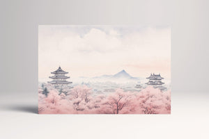 Cherry Blossom Dreamscape Delicate Pink Hues and Majestic Temples Canvas Japanese Wall Art Eco Leather Print