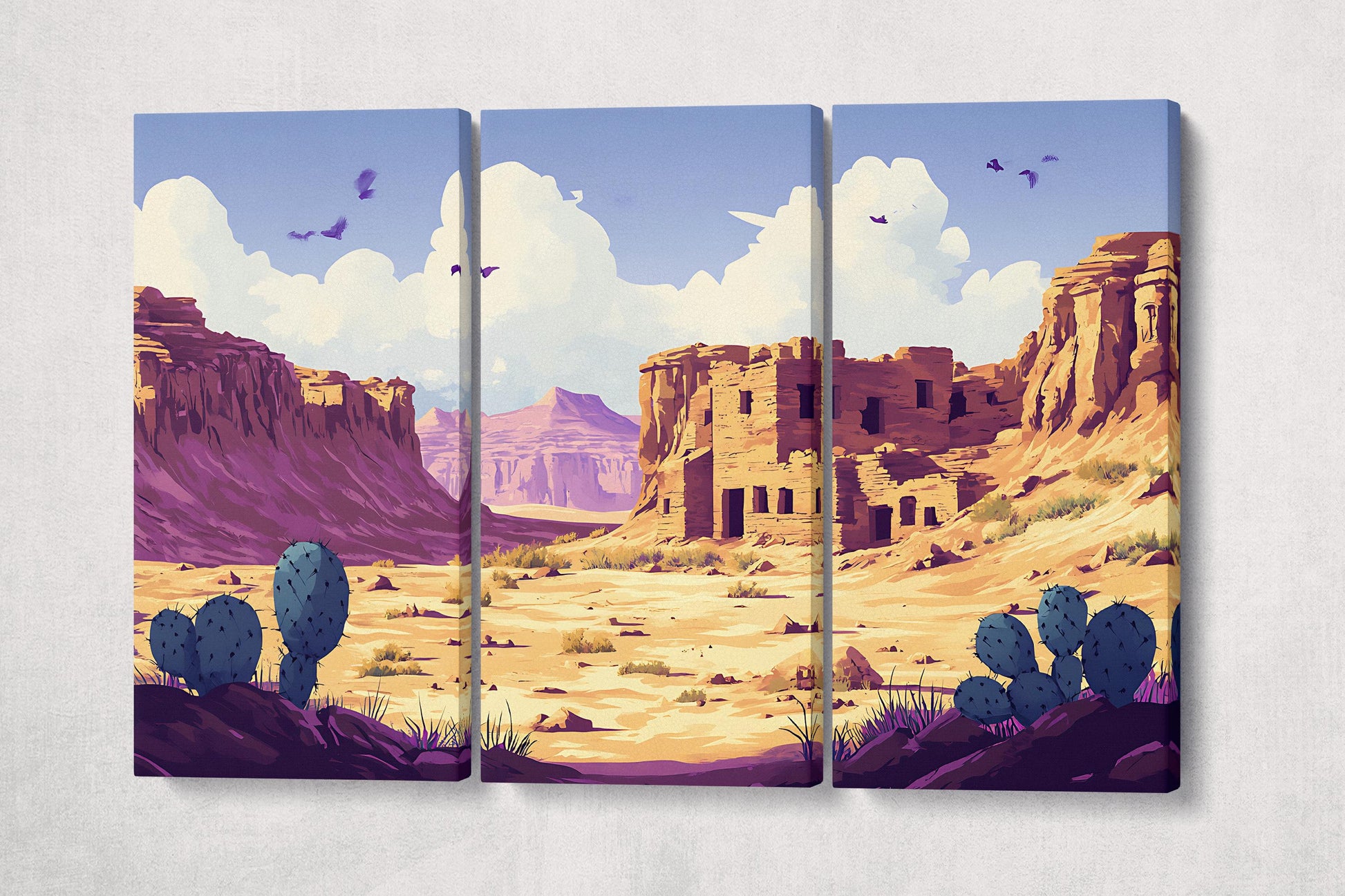 Southwest Desert Ruins Cartoon with Cactus and Canyon Scene Wall Art Eco Leather Home Decor Canvas Print 3 Panels
