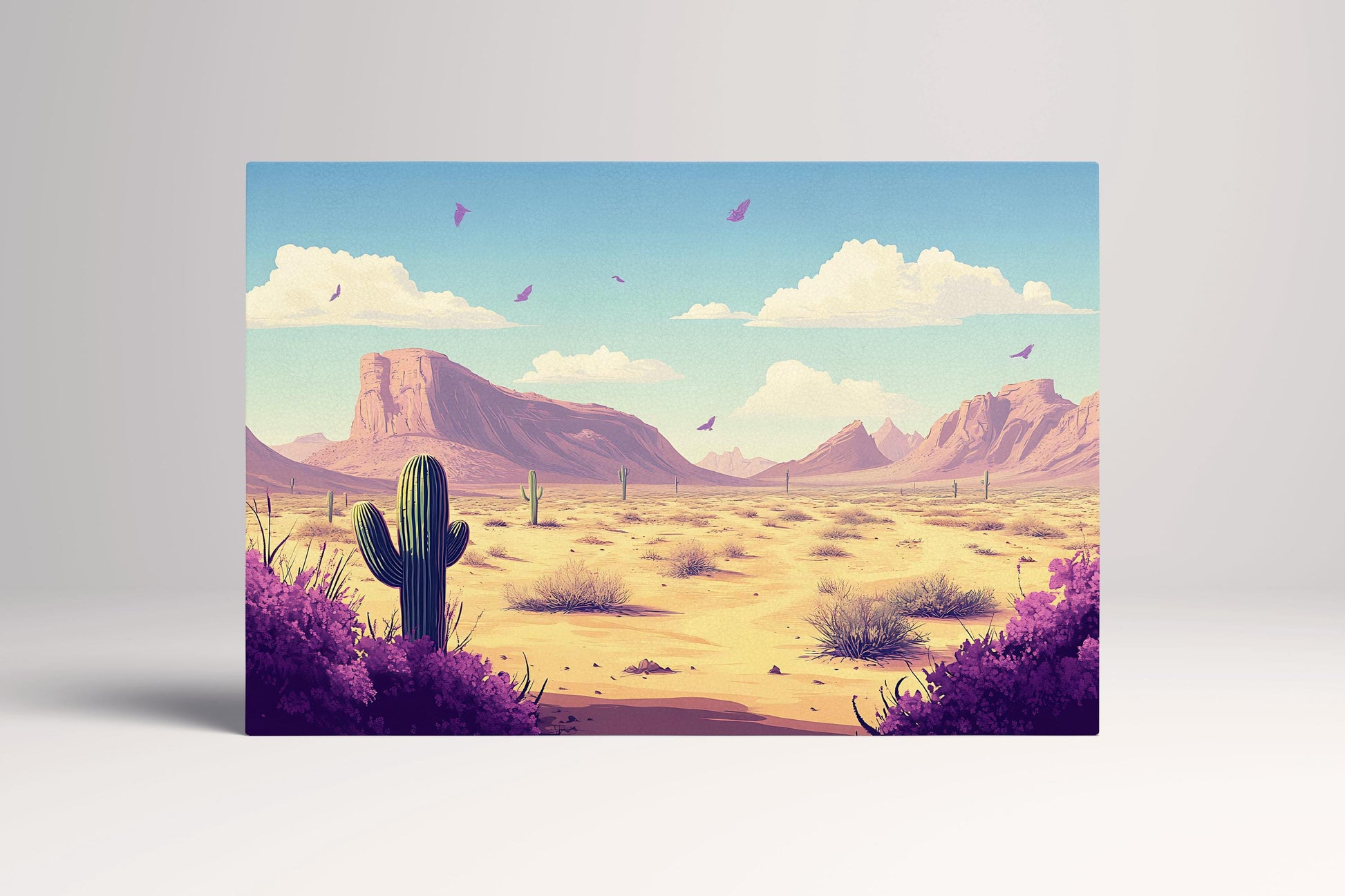 Southwest Desert Purple Flowers Cartoon Scene Wall Art Eco Leather Home Decor Canvas Print
