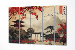 Japanese Zen Lake with Red Pagoda and Cherry Blossoms Canvas Wall Art Eco Leather Print 5 Panels