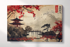 Japanese Zen Lake with Red Pagoda and Cherry Blossoms Canvas Wall Art Eco Leather Print Single Panel