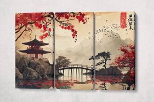 Japanese Zen Lake with Red Pagoda and Cherry Blossoms Canvas Wall Art Eco Leather Print 3 Panels