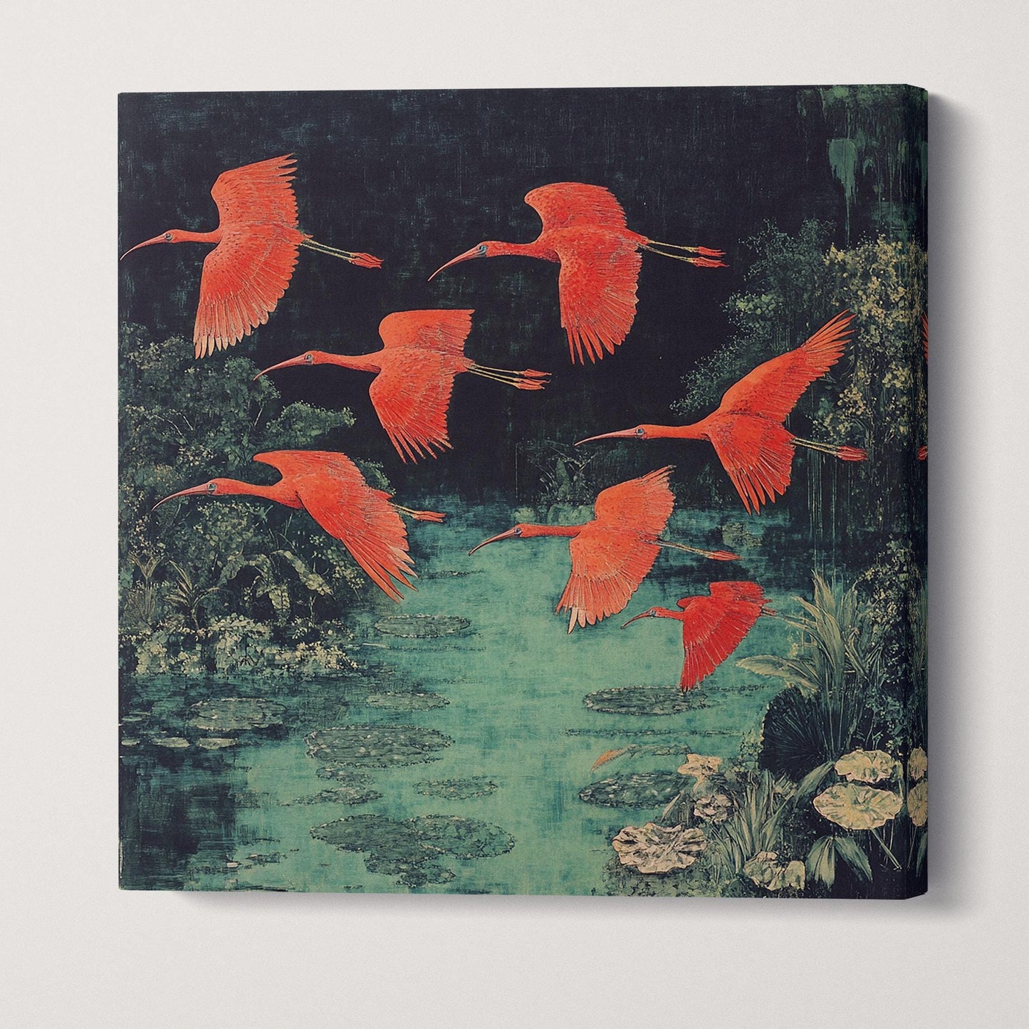 Red Ibis Flight Chinesed Pond Scene Canvas Wall Art Eco Leather Print