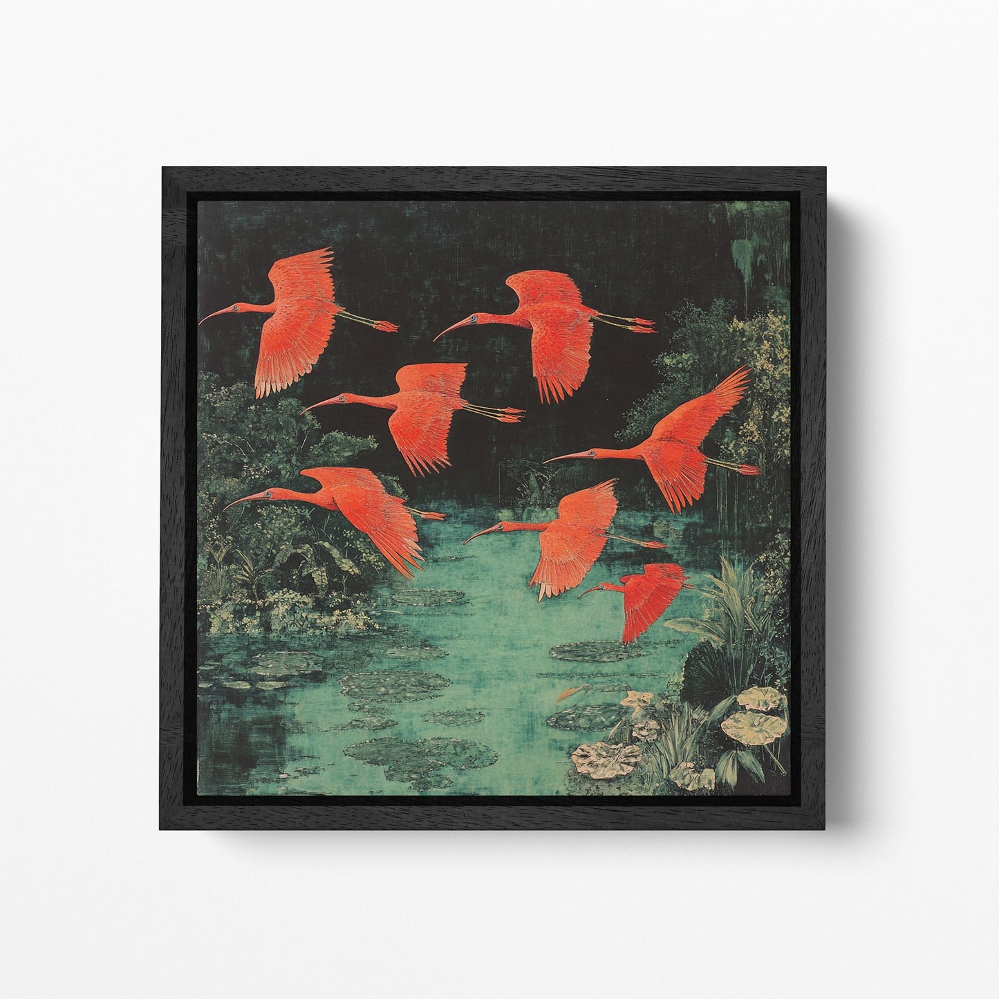 Red Ibis Flight Chinesed Pond Scene Canvas Wall Art Eco Leather Print Black Frame