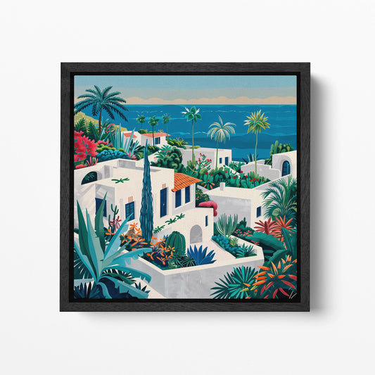 Mediterranean Greek Island Coastal Village Canvas Wall Art Eco Leather Print Black Frame
