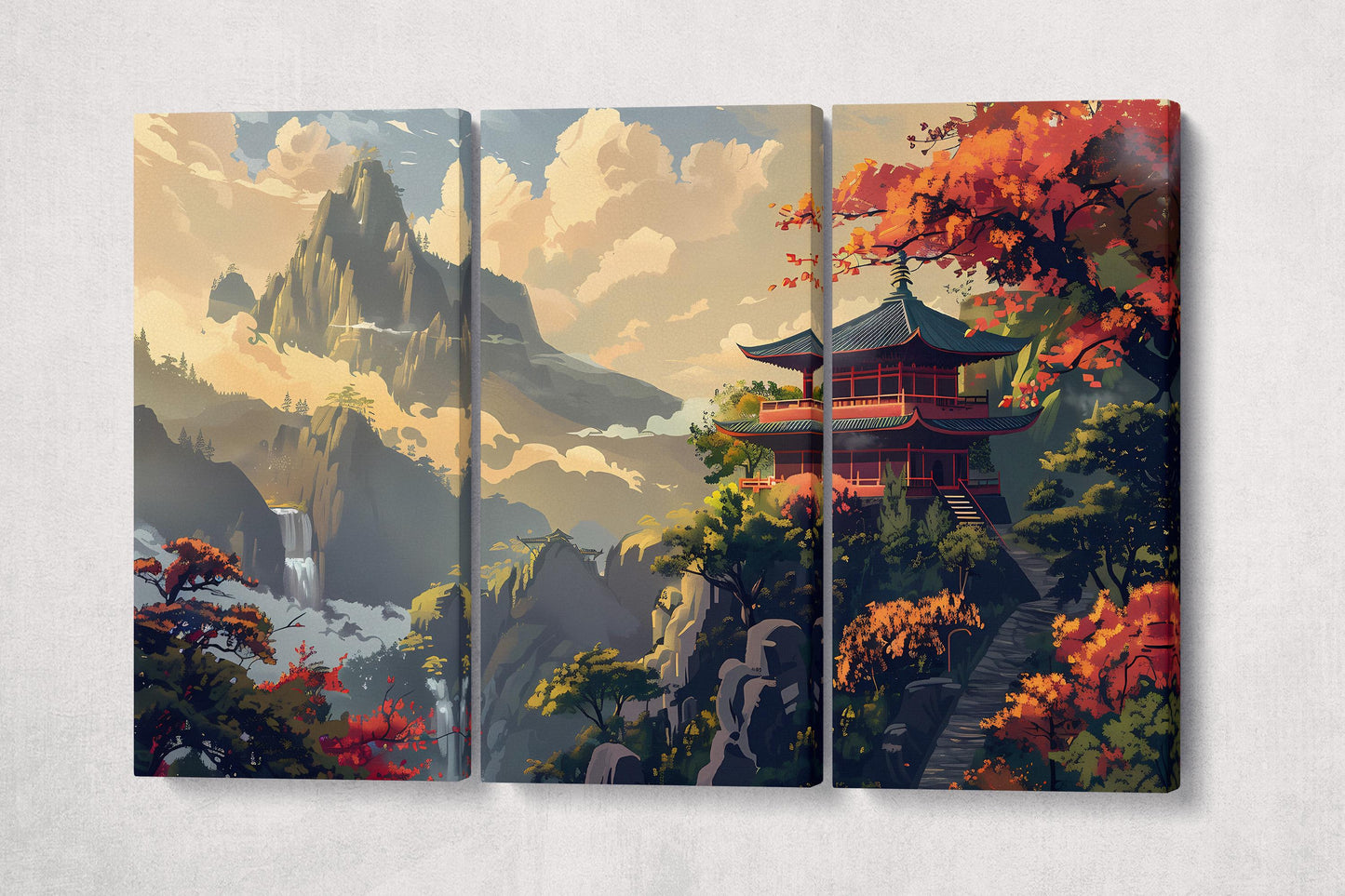Japanese Pagoda Amid Autumn Mountains Zen Wall Art Canvas Wall Art Eco Leather Print 3 Panels