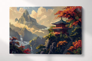 Japanese Pagoda Amid Autumn Mountains Zen Wall Art Canvas Wall Art Eco Leather Print Single Panel