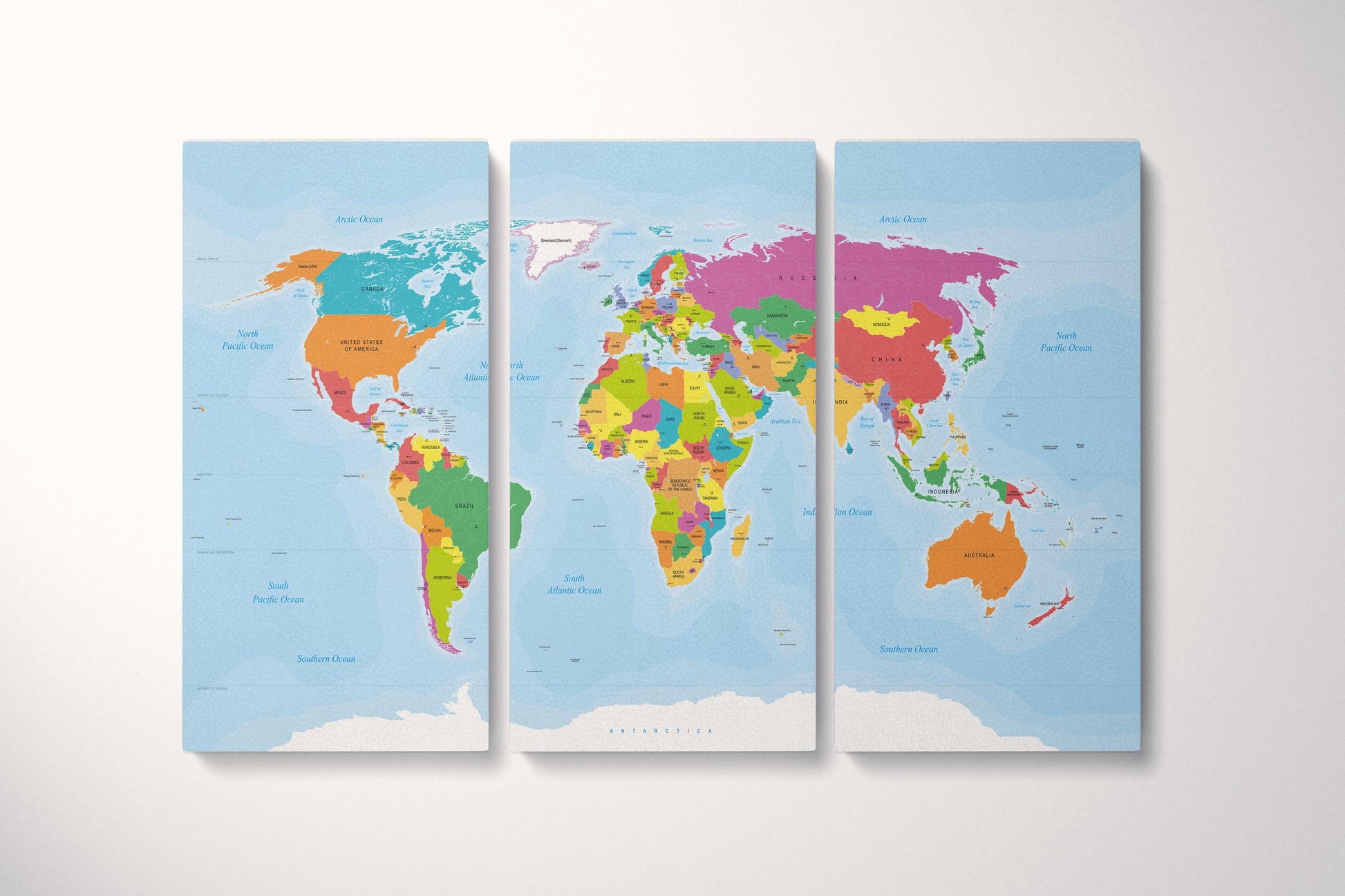 Push Pin Large Detailed World Map Leather Print Triptych