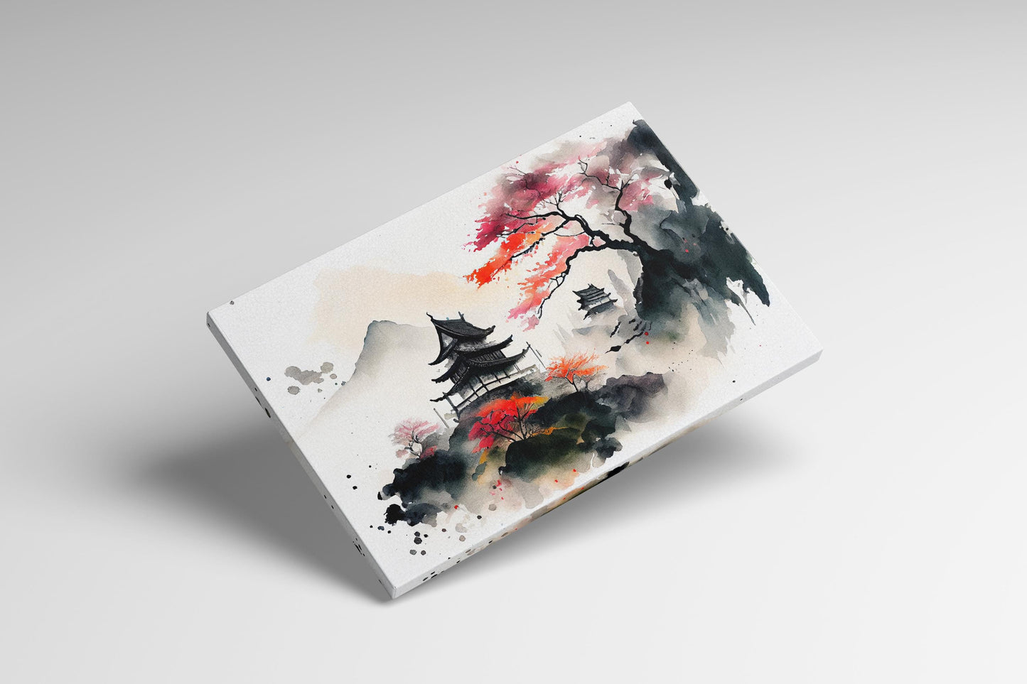 Japan Mountain Landscape Pagoda Sakura Artwork Eco Leather Print Canvas Print Ready to Hang 3D