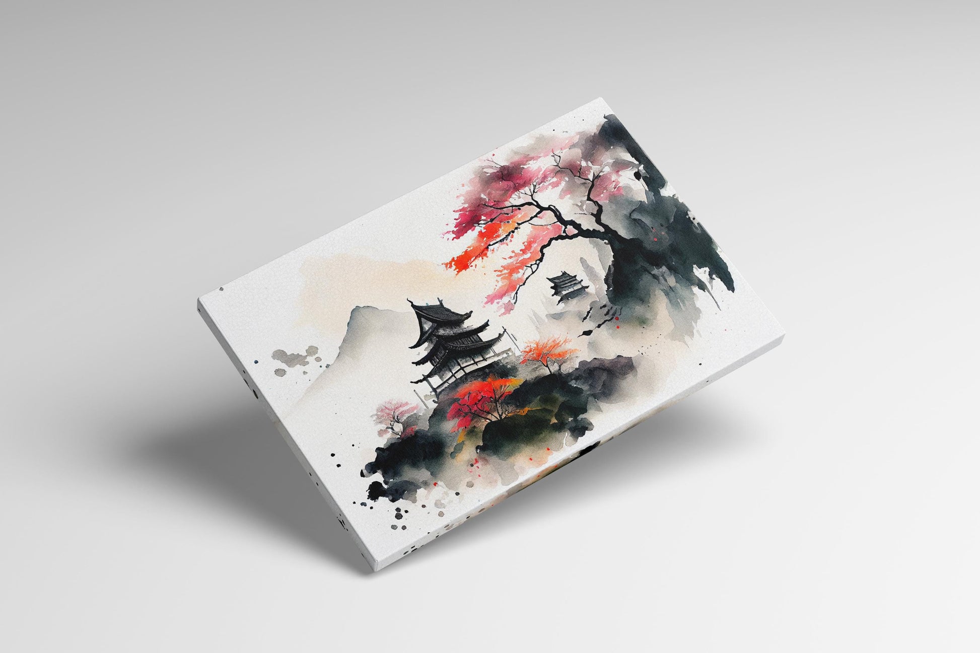 Japan Mountain Landscape Pagoda Sakura Artwork Eco Leather Print Canvas Print Ready to Hang 3D