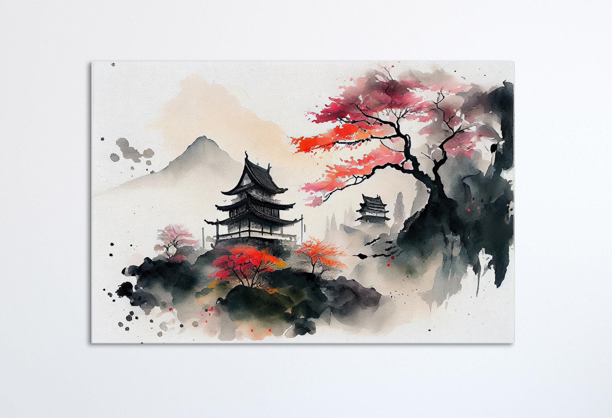 Japan Mountain Landscape Pagoda Sakura Artwork Eco Leather Print Canvas Print Ready to Hang Closeup