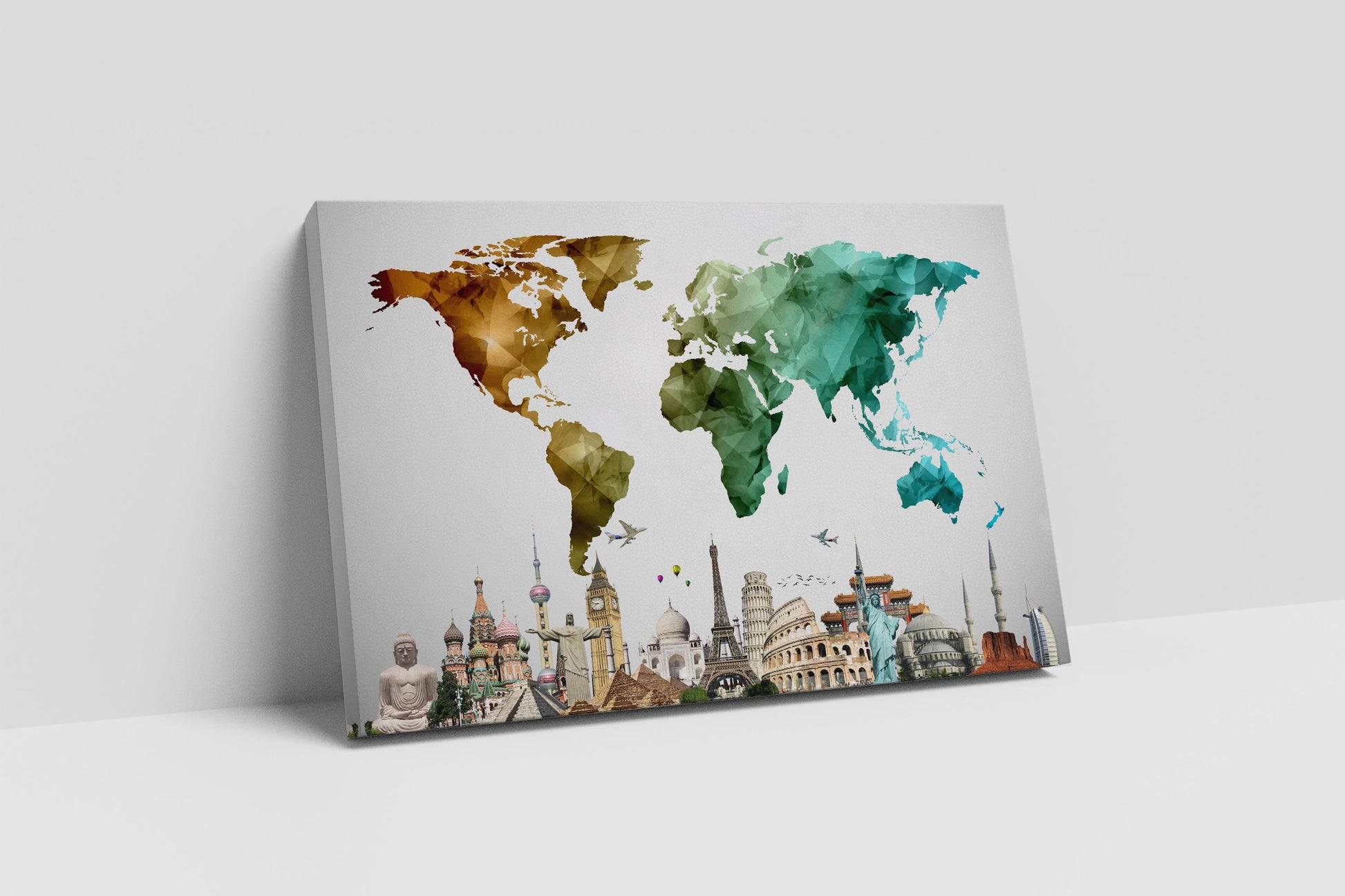 Color World Map Vector with Monuments Wall Art Canvas Eco Leather Print Wall