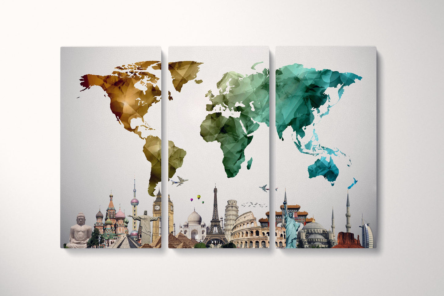 Color World Map Vector with Monuments Eco Leather Print Triptych