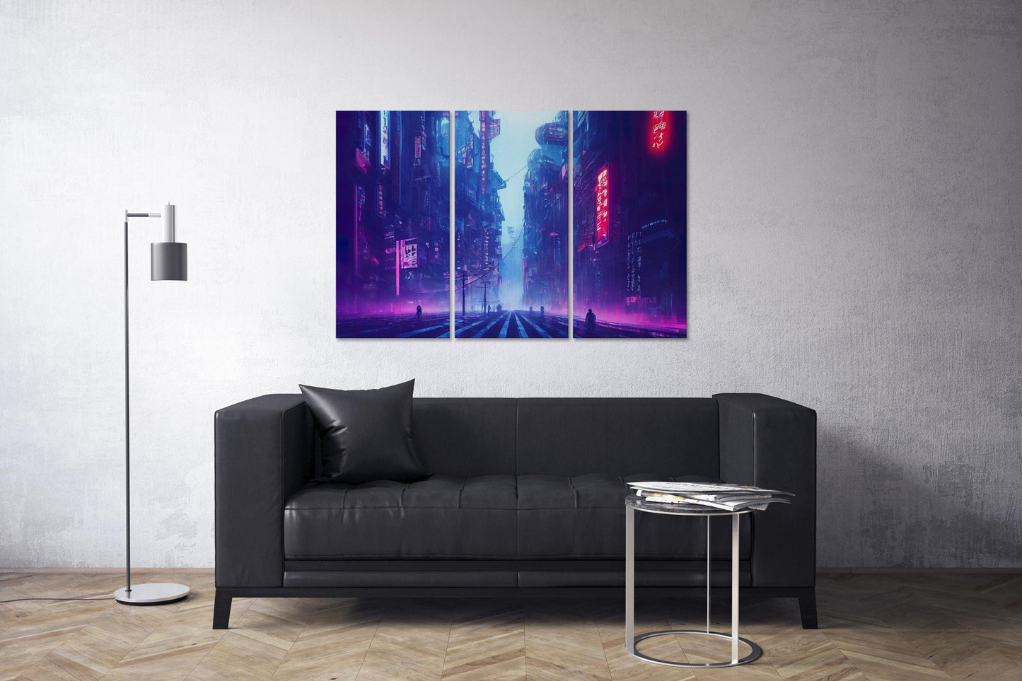 Cyberpunk City Japan Lights Canvas Wall Art Home Decor Leather Print Triptych Lounge