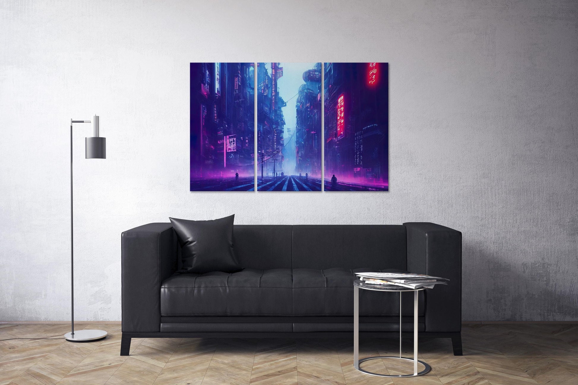 Cyberpunk City Japan Lights Canvas Wall Art Home Decor Leather Print Triptych Lounge