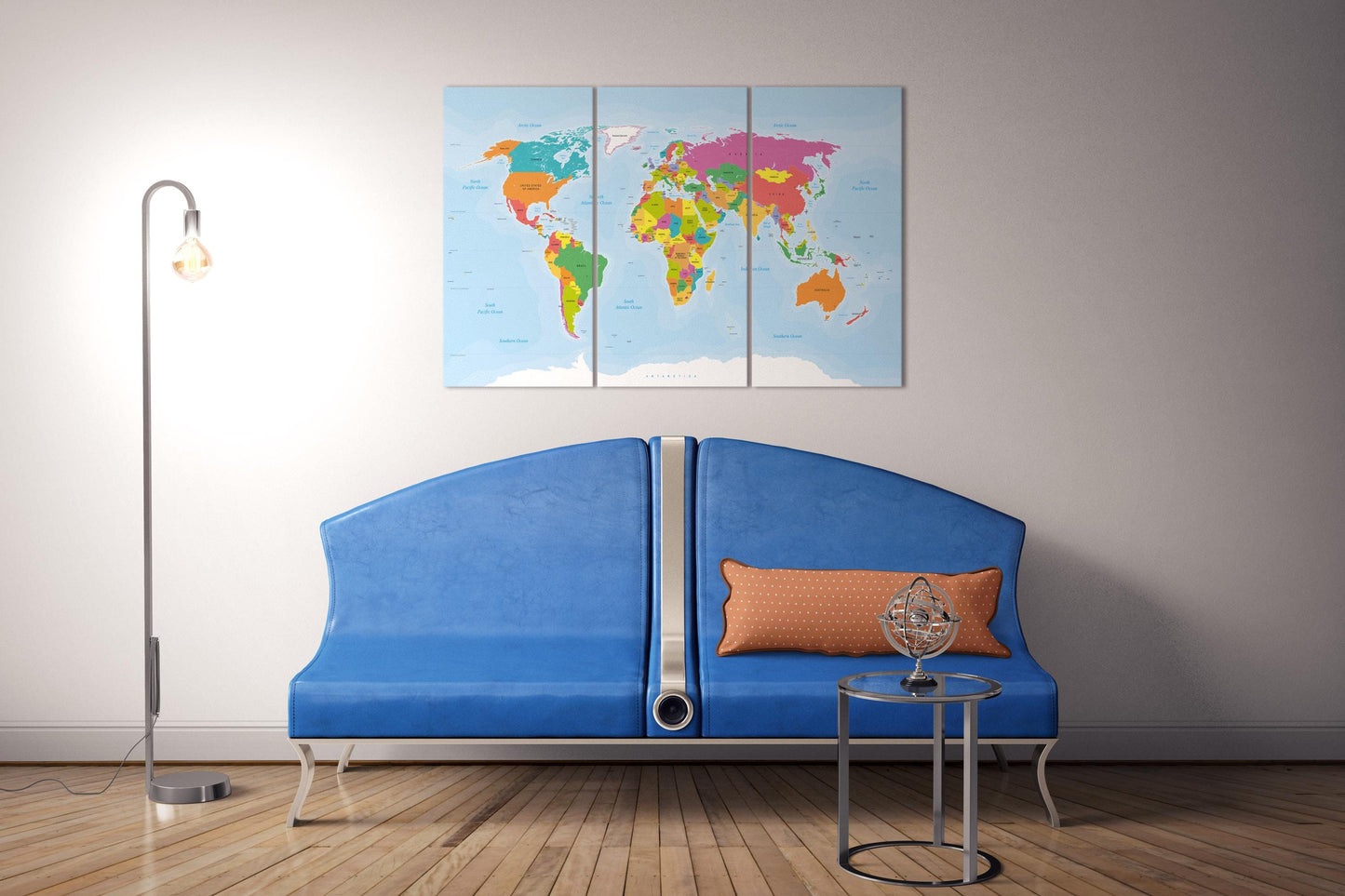 Push Pin Large Detailed World Map Leather Print Triptych Lounge