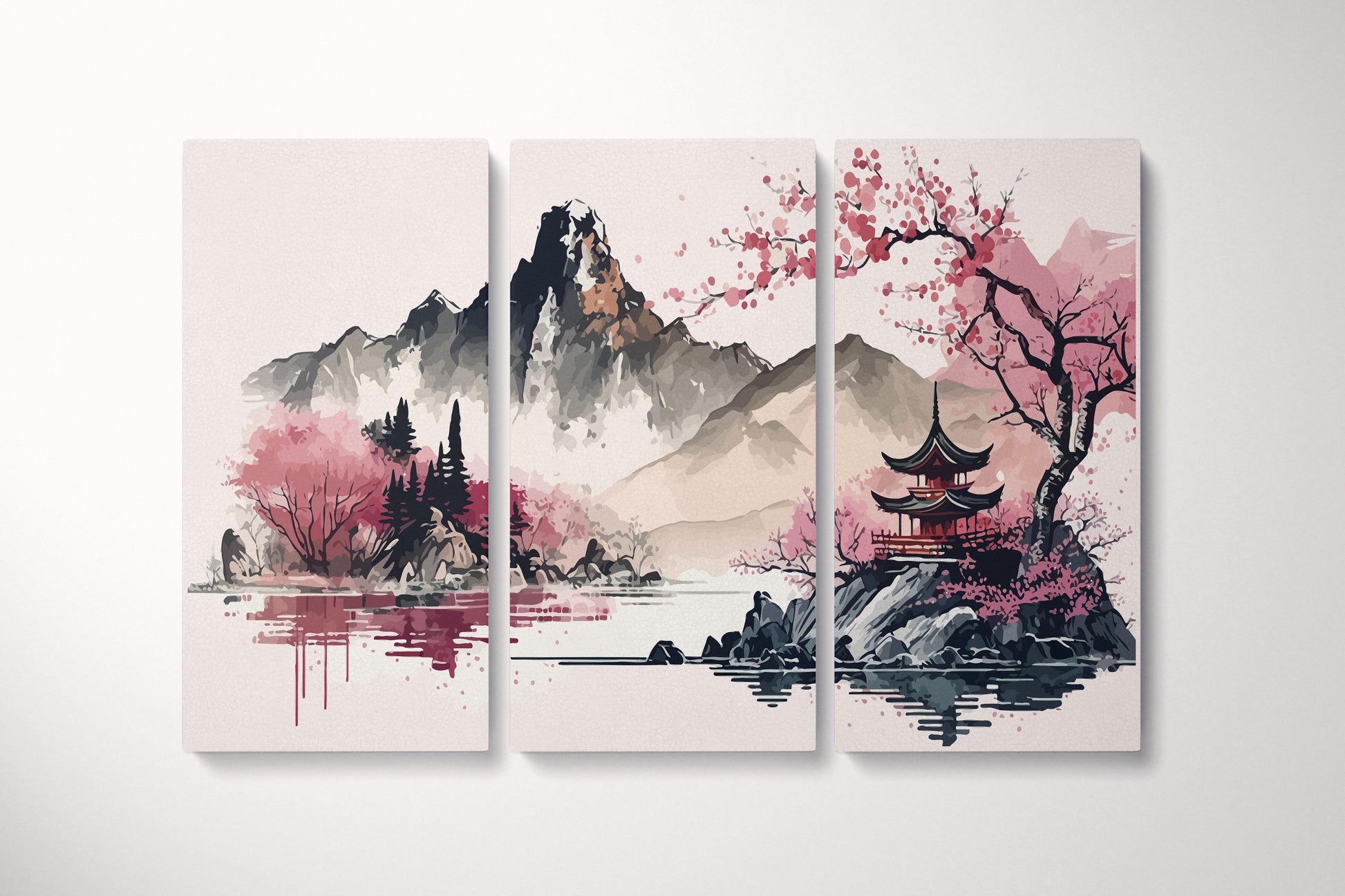 Minimalistic Pink Japan Artwork Wall Art Framed Canvas Eco Leather Print Triptych