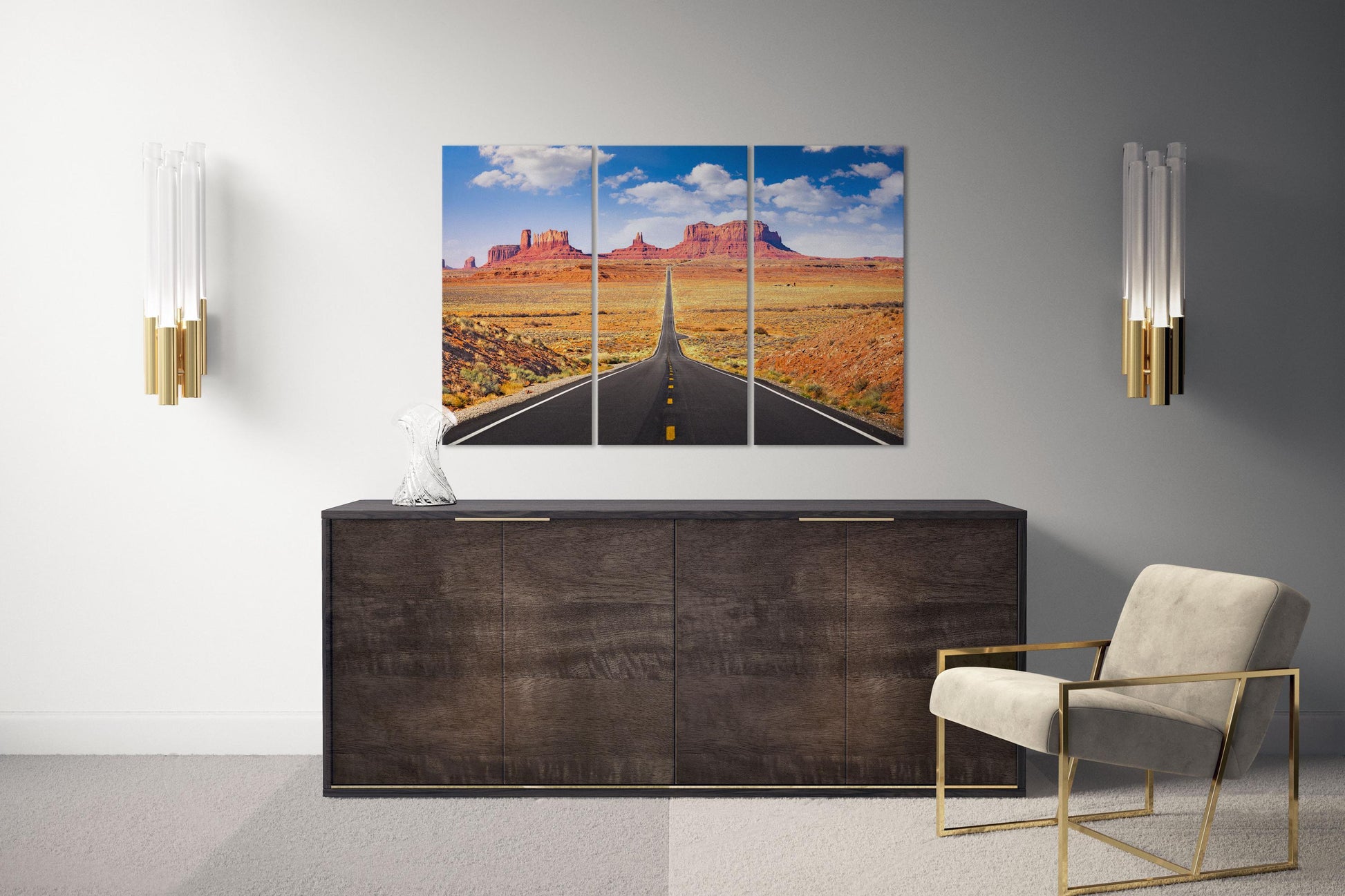 Monument Valley Road, Arizona, USA Canvas Eco Leather Print Triptych Lounge