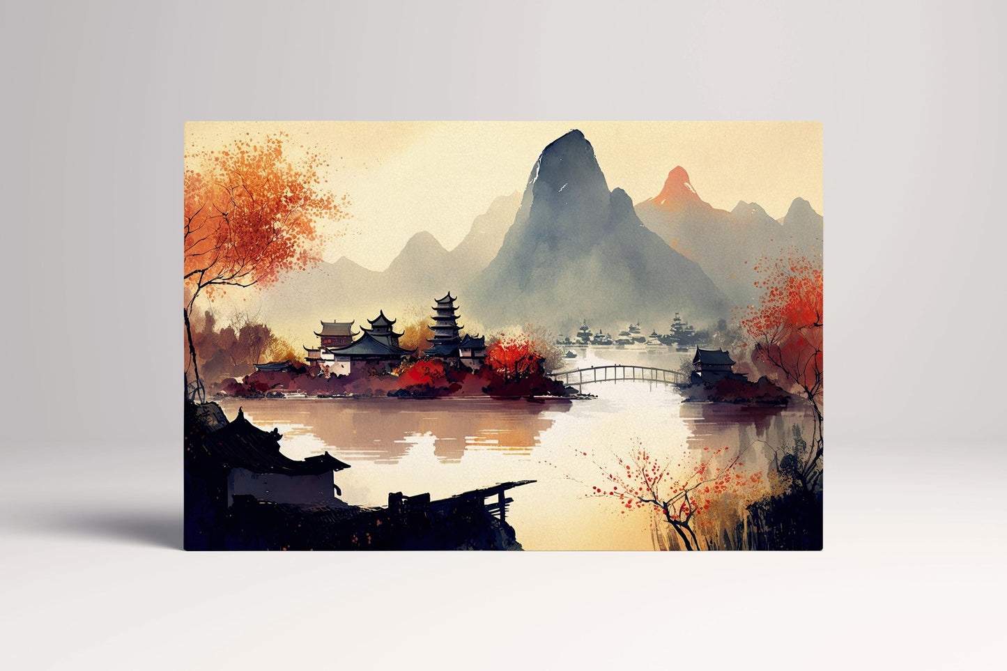 Oriental Chinese Warm Tones Landscape Wall Art Framed Canvas Eco Leather Print