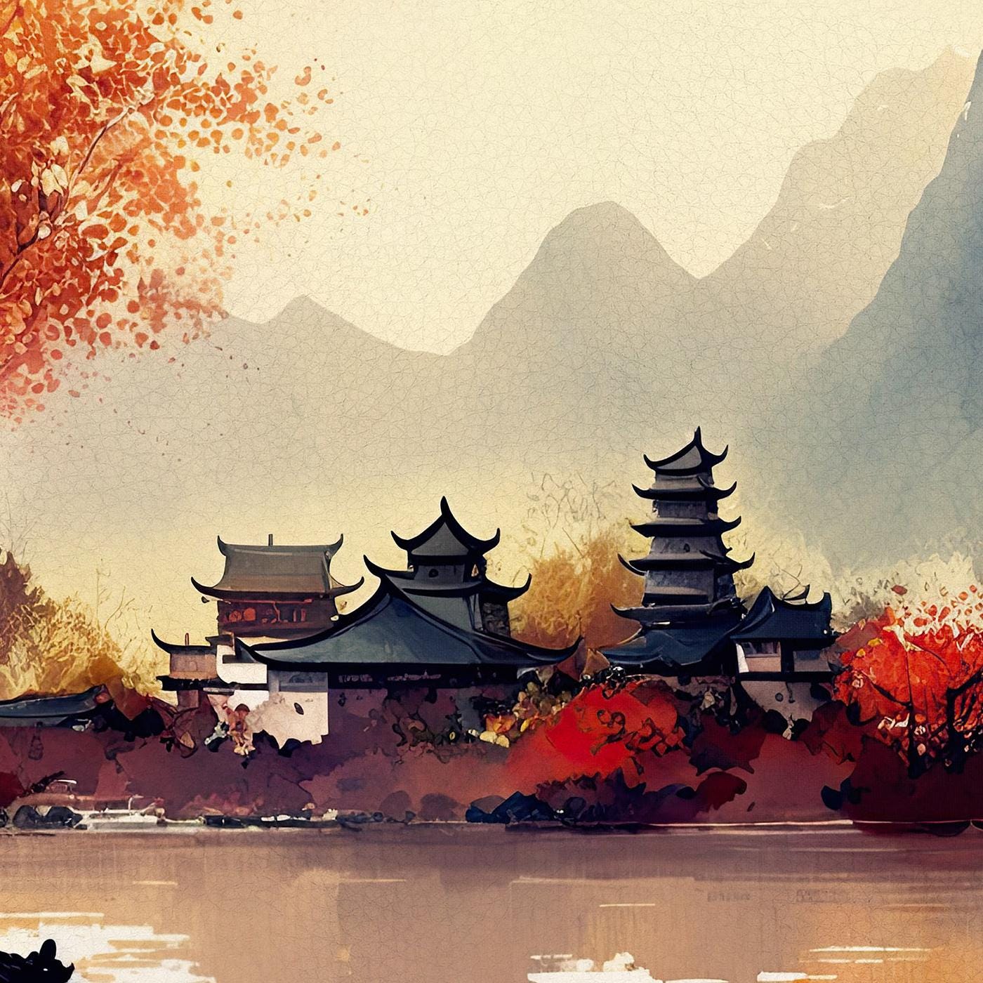 Oriental Chinese Warm Tones Landscape Wall Art Framed Canvas Eco Leather Print Detail