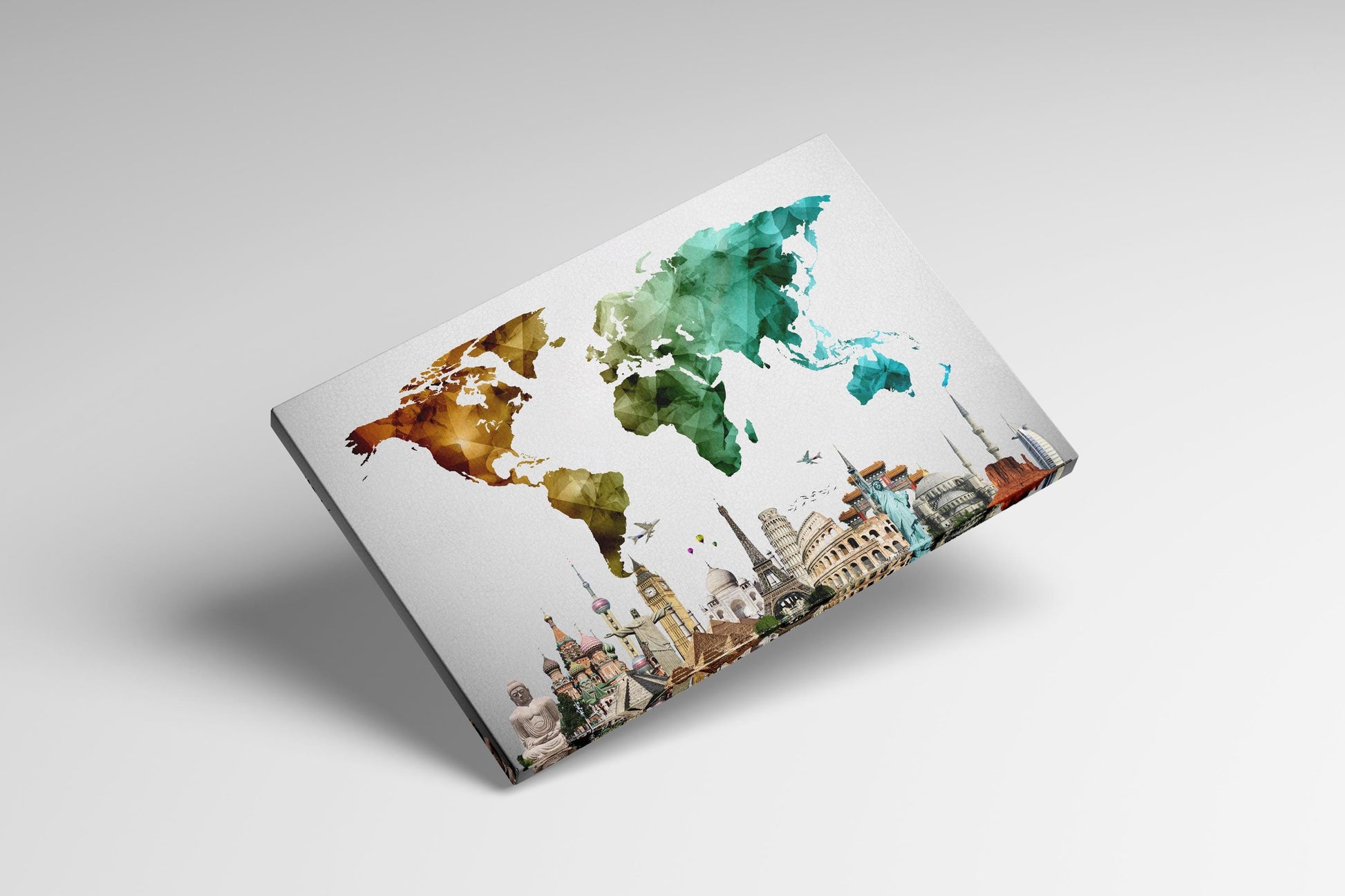 Color World Map Vector with Monuments Wall Art Canvas Eco Leather Print Levitate