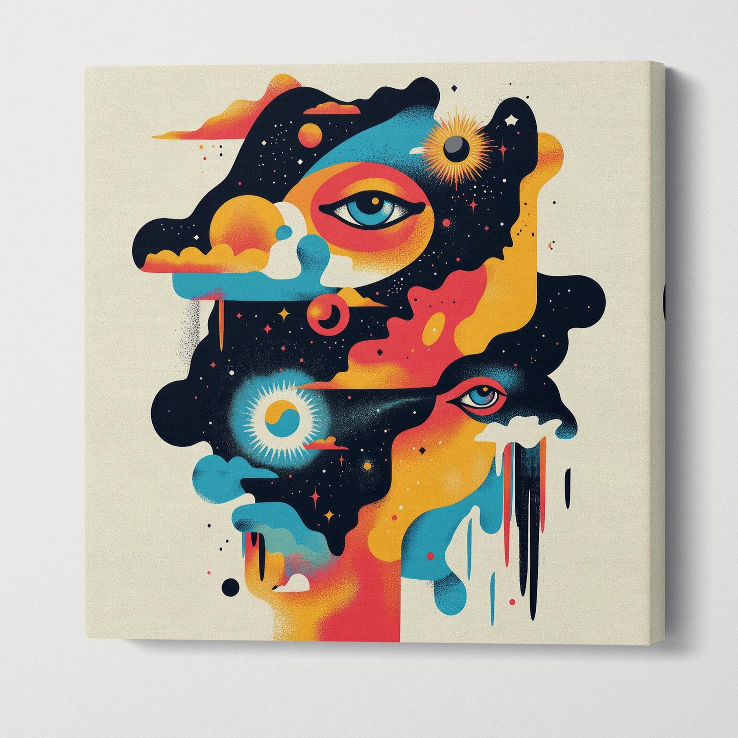 Celestial Dreams: Abstract Dadaism in Cosmic Layers Canvas Wall Art Framed Eco Leather Print