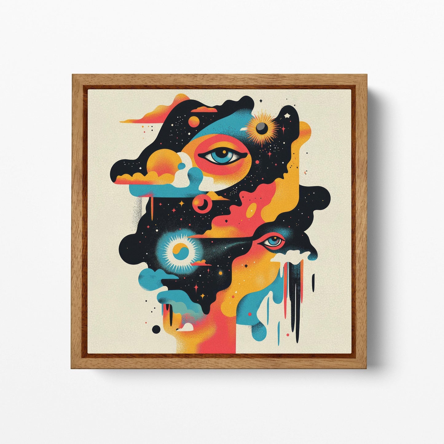 Celestial Dreams: Abstract Dadaism in Cosmic Layers Canvas Wall Art Framed Eco Leather Print Wood Frame