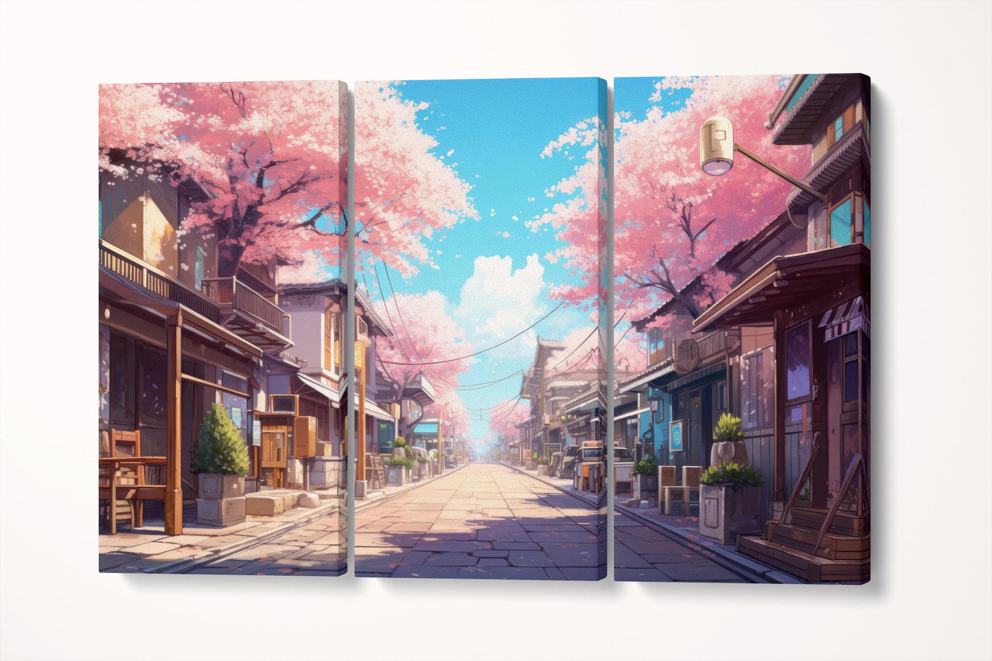 Anime Spring: Cherry Blossom Street in Japan Large Wall Art Home Decor Eco Leather Print Triptych