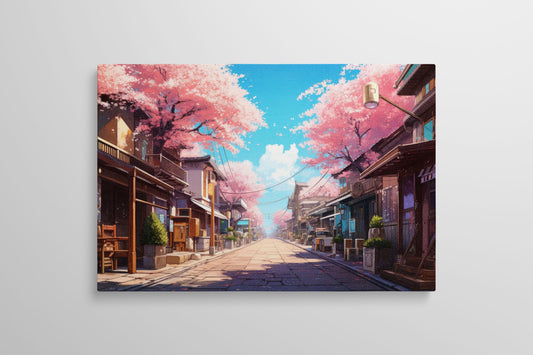 Anime Spring: Cherry Blossom Street in Japan Large Wall Art Home Decor Eco Leather Print Wall 2D