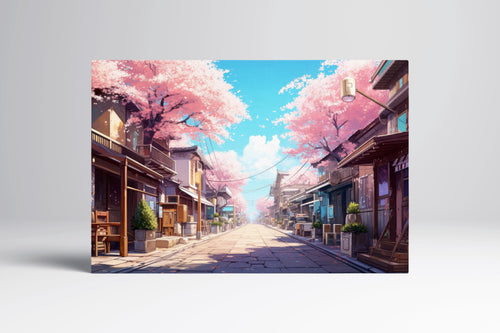 Anime Spring: Cherry Blossom Street in Japan Large Wall Art Home Decor Eco Leather Print