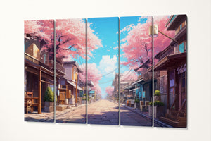 Anime Spring: Cherry Blossom Street in Japan Large Wall Art Home Decor Eco Leather Print 5 Panels